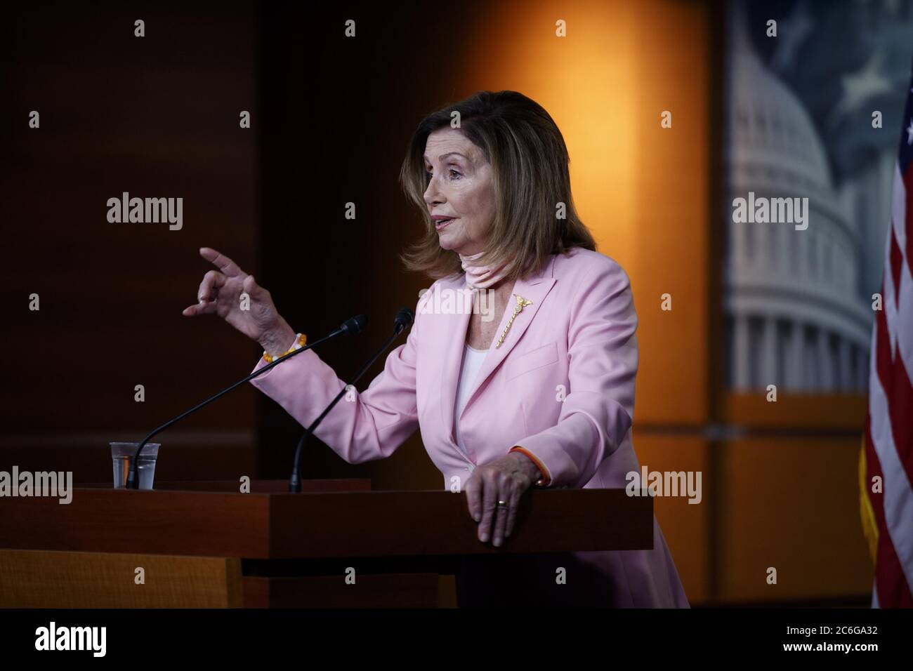 Washington, USA. 9th July, 2020. U.S. House Speaker Nancy Pelosi speaks during her weekly press conference on Capitol Hill in Washington, DC, the United States, on July 9, 2020. U.S. President Donald Trump's official withdrawal of the country from the World Health Organization (WHO) is 'an act of true senselessness,' U.S. House Speaker Nancy Pelosi said on Twitter. Credit: Ting Shen/Xinhua/Alamy Live News Stock Photo