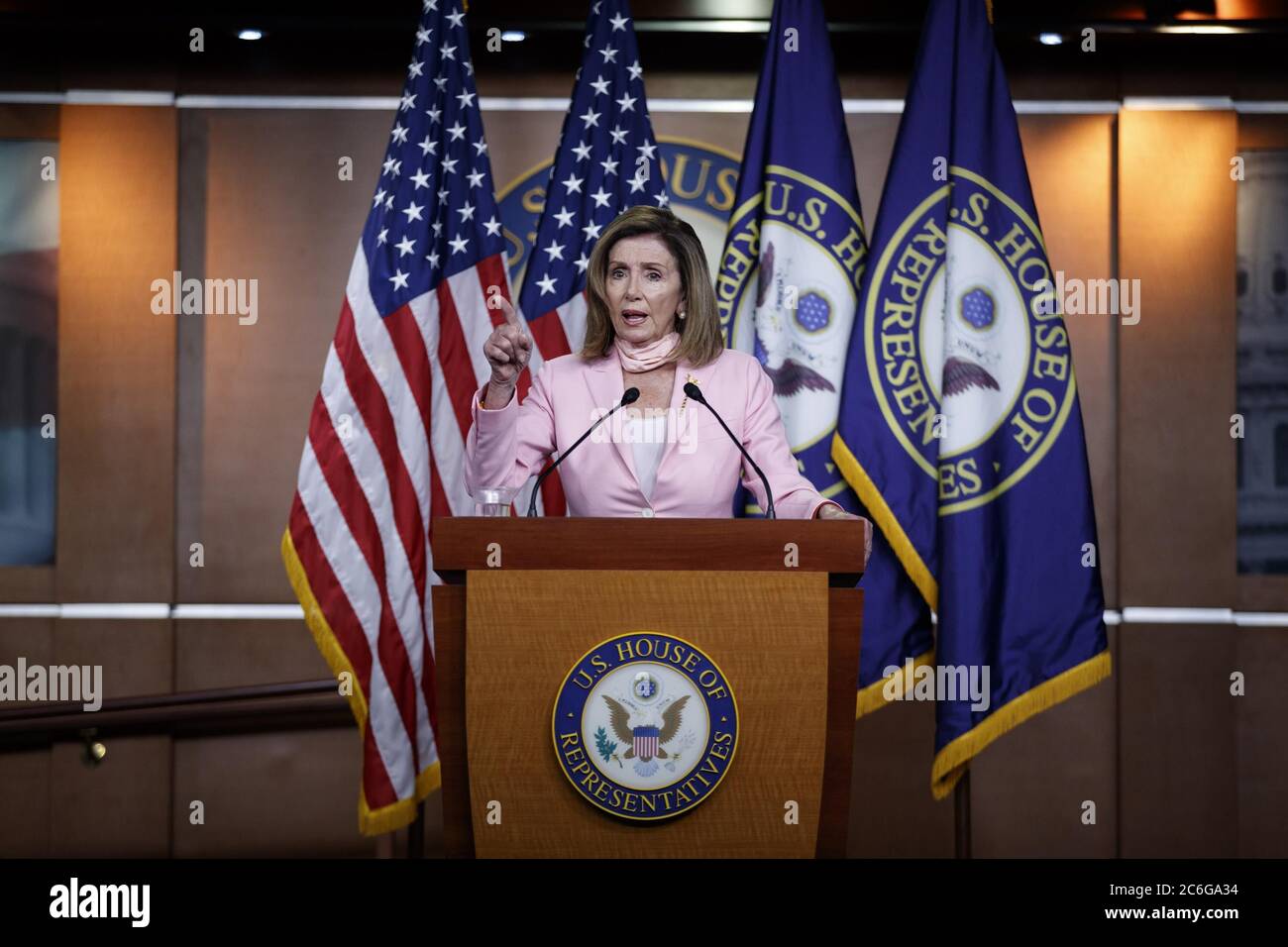 Washington, USA. 9th July, 2020. U.S. House Speaker Nancy Pelosi speaks during her weekly press conference on Capitol Hill in Washington, DC, the United States, on July 9, 2020. U.S. President Donald Trump's official withdrawal of the country from the World Health Organization (WHO) is 'an act of true senselessness,' U.S. House Speaker Nancy Pelosi said on Twitter. Credit: Ting Shen/Xinhua/Alamy Live News Stock Photo