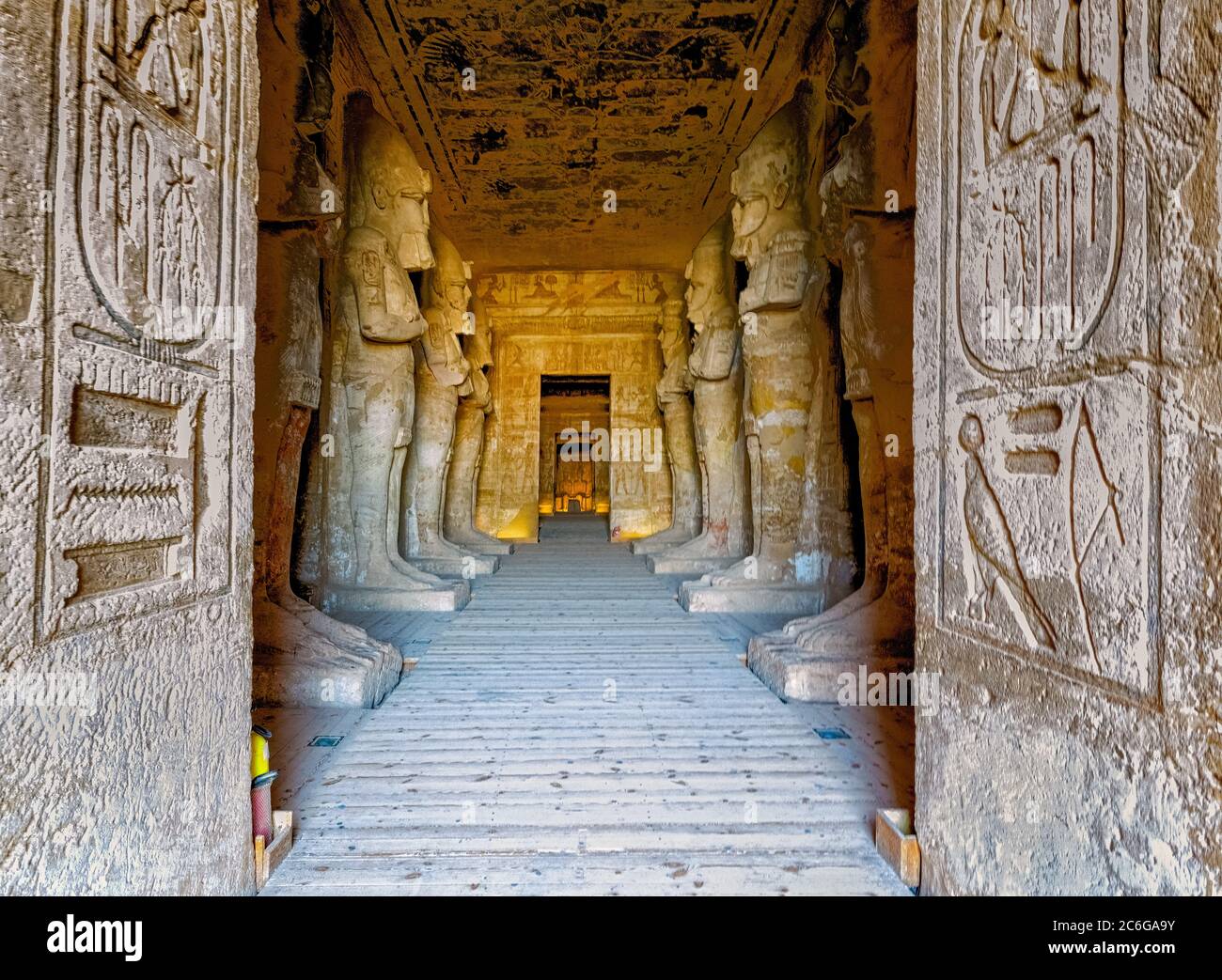 The hypostyle hall of the Great Temple at Abu Simbel with Osiris pillars of Ramsses II Stock Photo