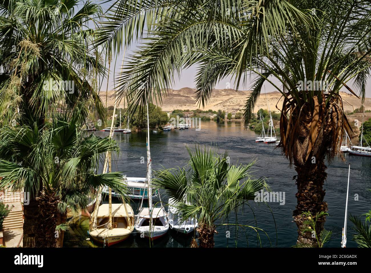 Looking out over the Nile River and Elephantine Island, from a terrace at Old Old Cataract Hotel in Aswan Stock Photo