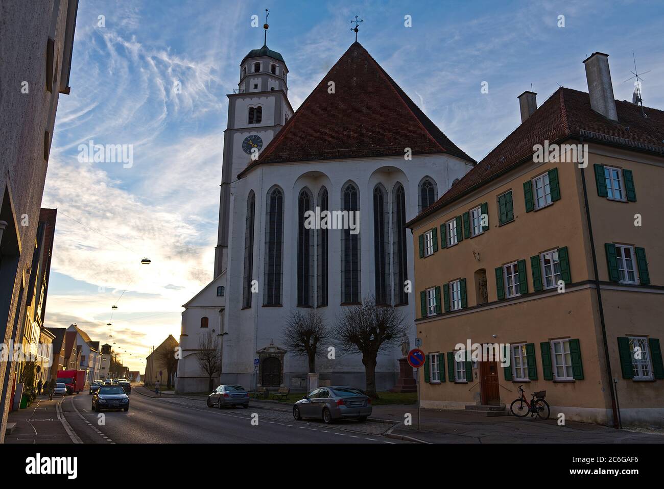 Gothic St. Martins Church in Lauingen at a Sunny Winter Evening, Bavaria, Germany, Europe, Travel Stock Photo