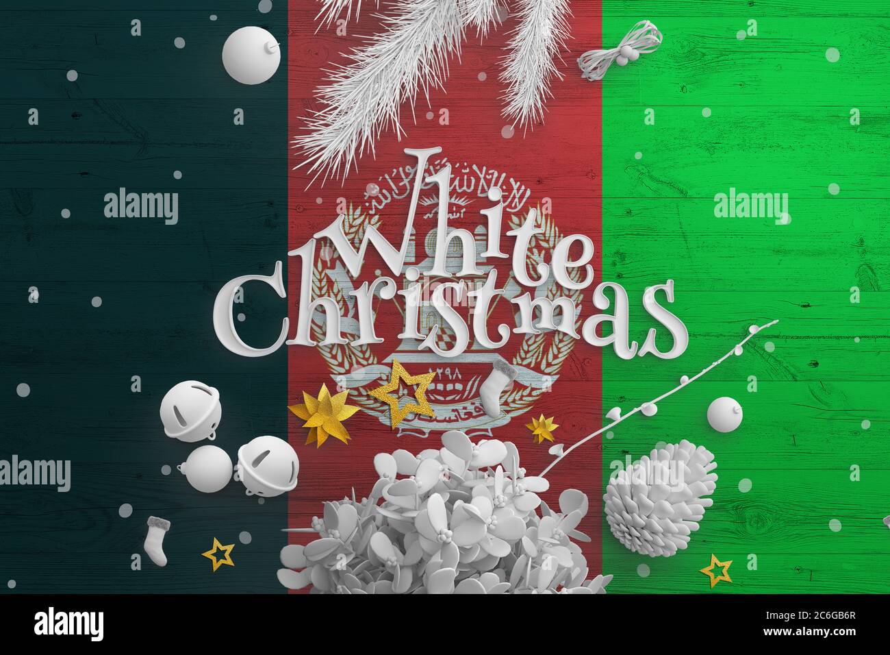 Afghanistan flag on wooden table with White Christmas text. Christmas