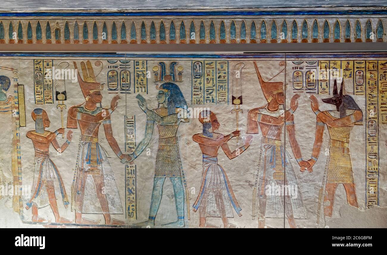 Scenes on the left wall of the antechamber of Ptah from QV55, the Tomb of Amenherkhepshef in the Valley of the Queens Stock Photo