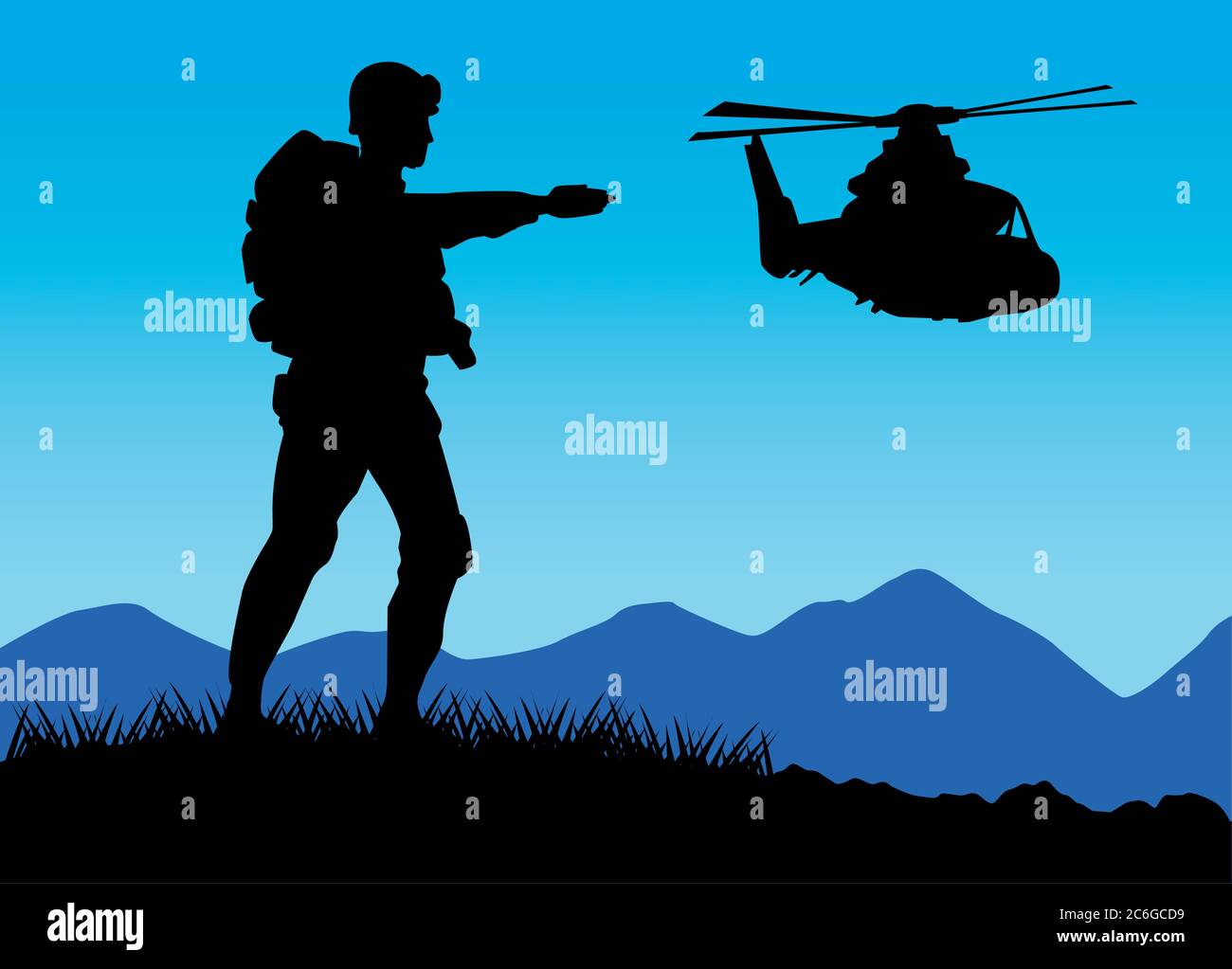 military soldier silhouette figure with helicopter vector illustration design Stock Vector