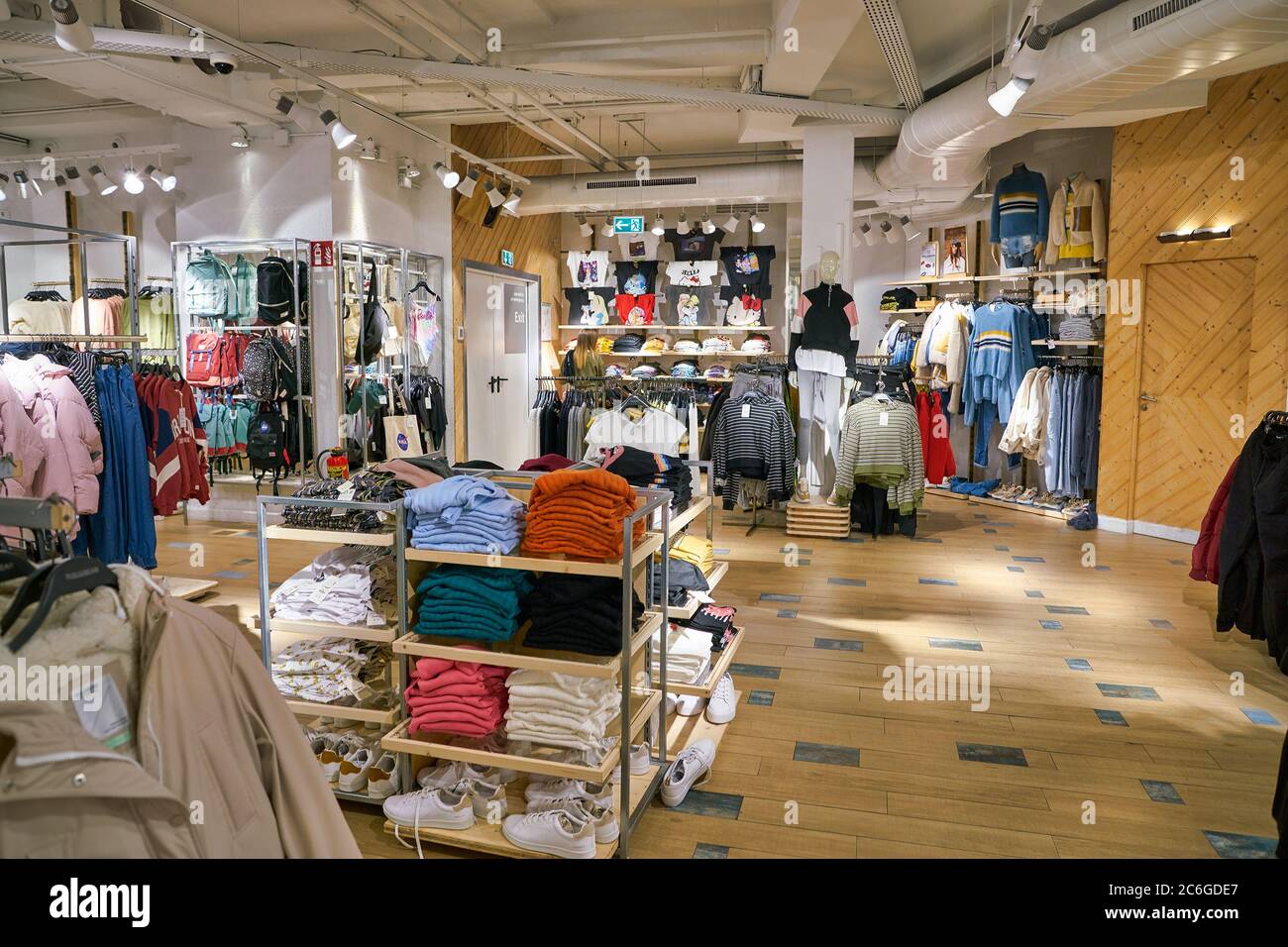 BERLIN, GERMANY - CIRCA SEPTEMBER, 2019: interior shot of a Pull&Bear store in Berlin. Pull&Bear is a Spanish clothing and accessories retailer Stock Photo