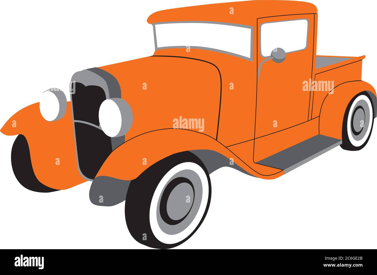 1930s classic orange pickup truck with fenders and running boards. Stock Vector