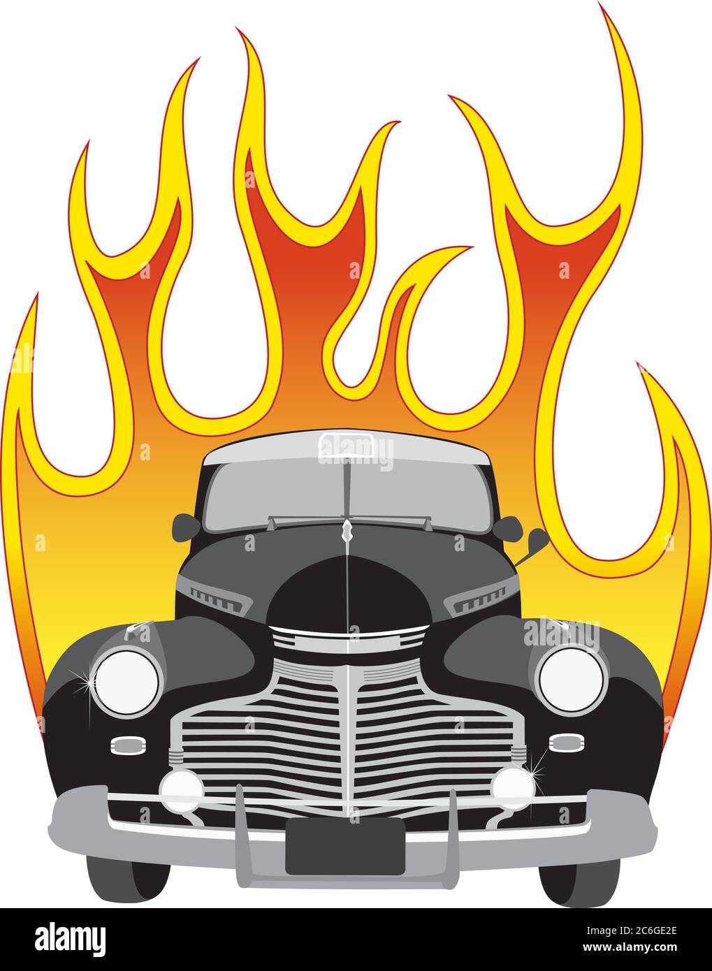1940s Chevrolet coupe. Black with stylish front grill and bumper. Flames shooting up from behind the car. Stock Vector