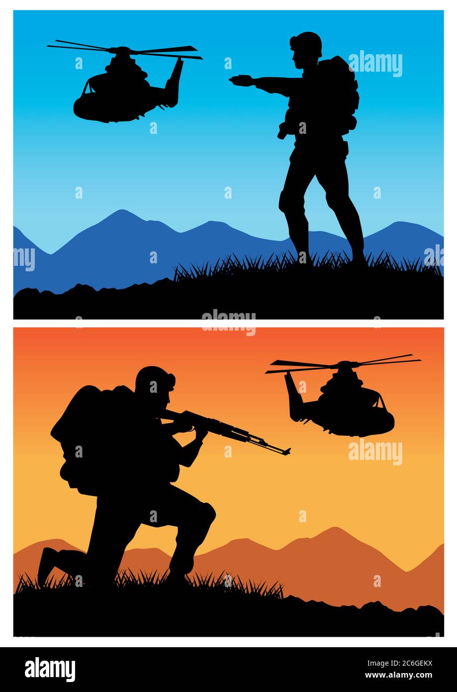 military soldiers with guns and helicopters silhouettes vector illustration design Stock Vector