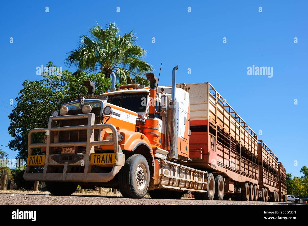 A Kenworth Road Train truck parked on the side of the road in the Northern Territory of Australia. Stock Photo