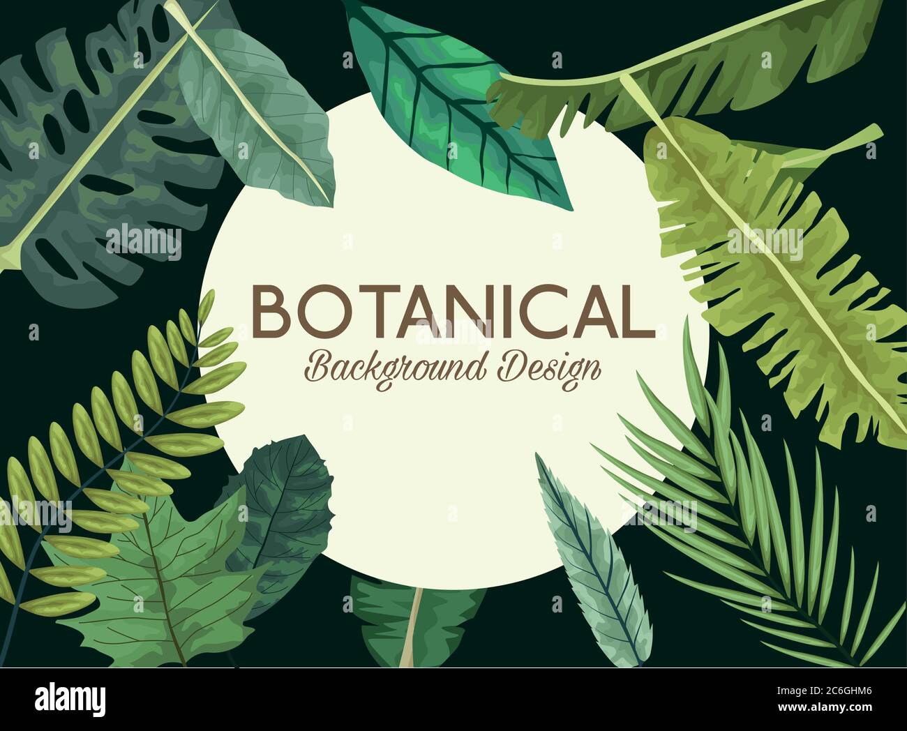 tropical leafs in circular frame and lettering botanical background ...