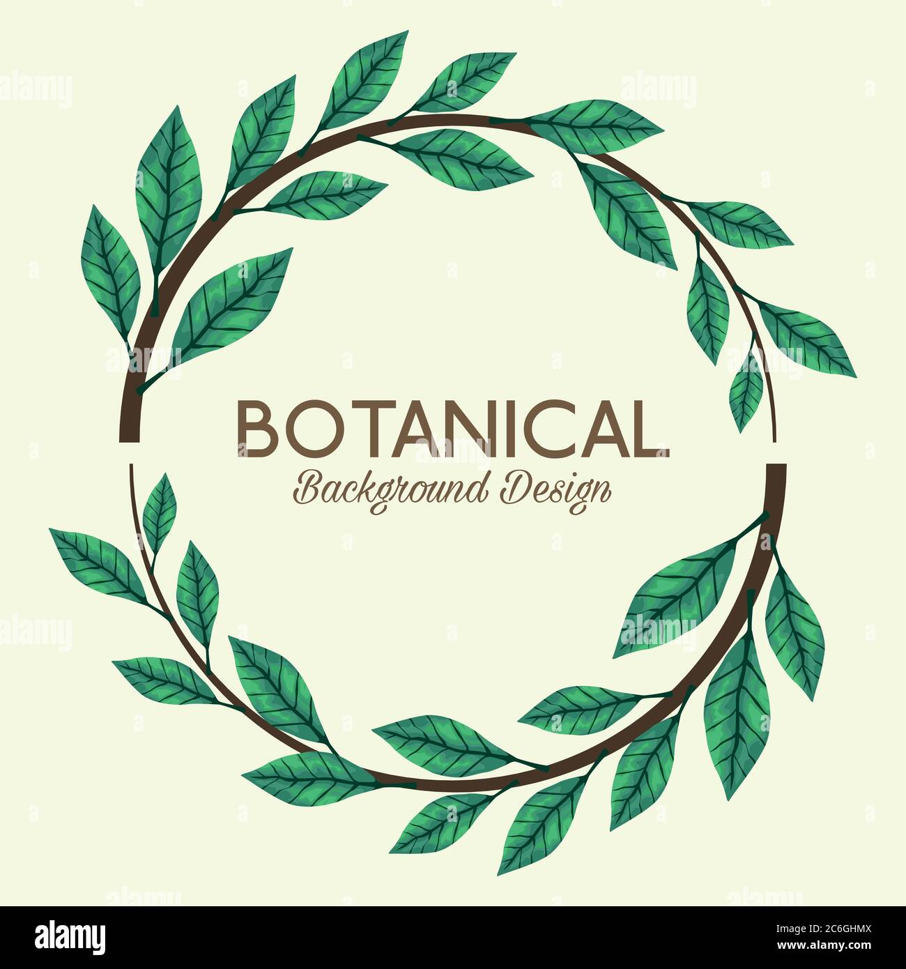 tropical leafs in circular frame and lettering botanical background ...