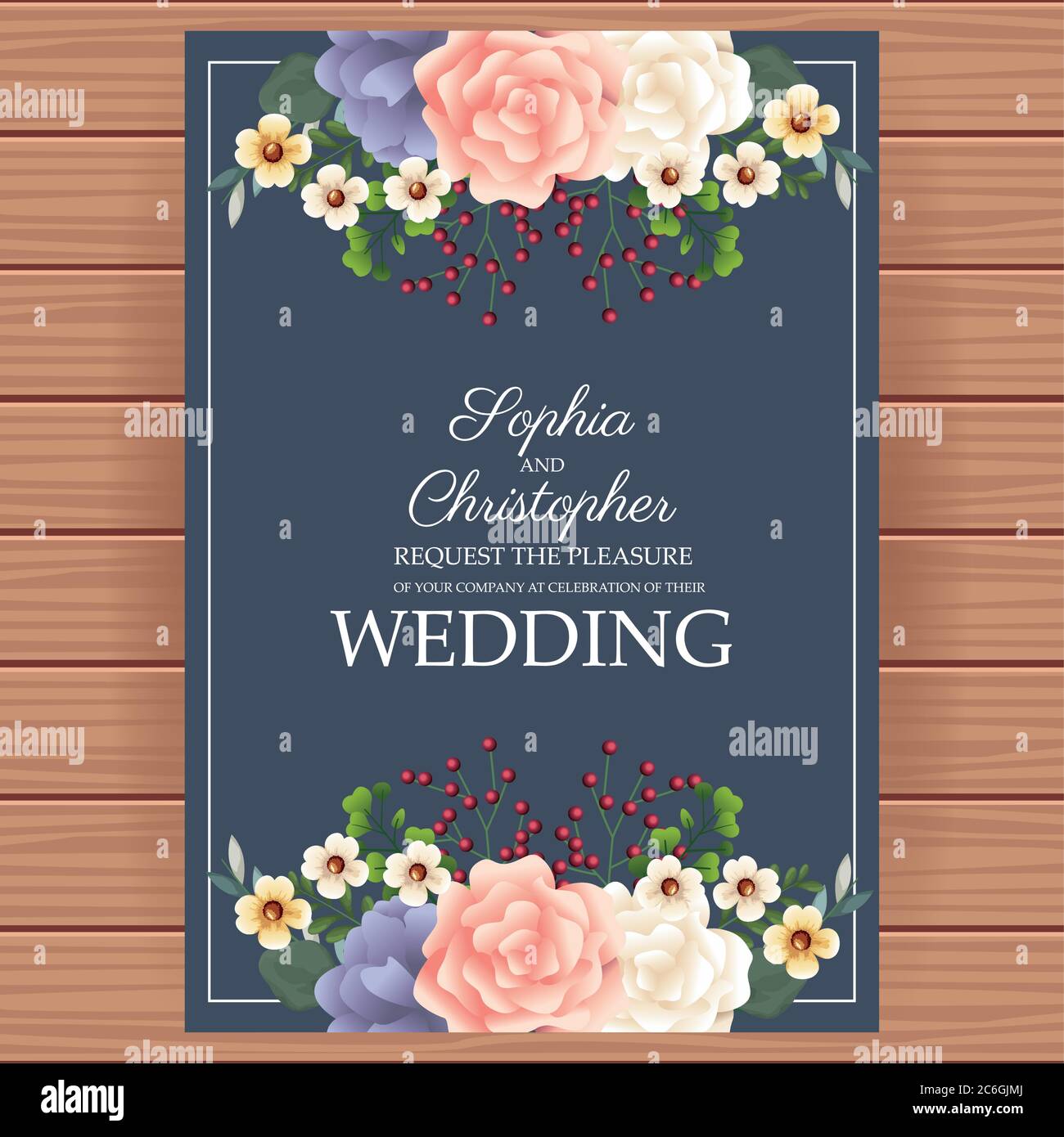 wedding Invitation with square floral frame and wooden background vector  illustration design Stock Vector Image & Art - Alamy