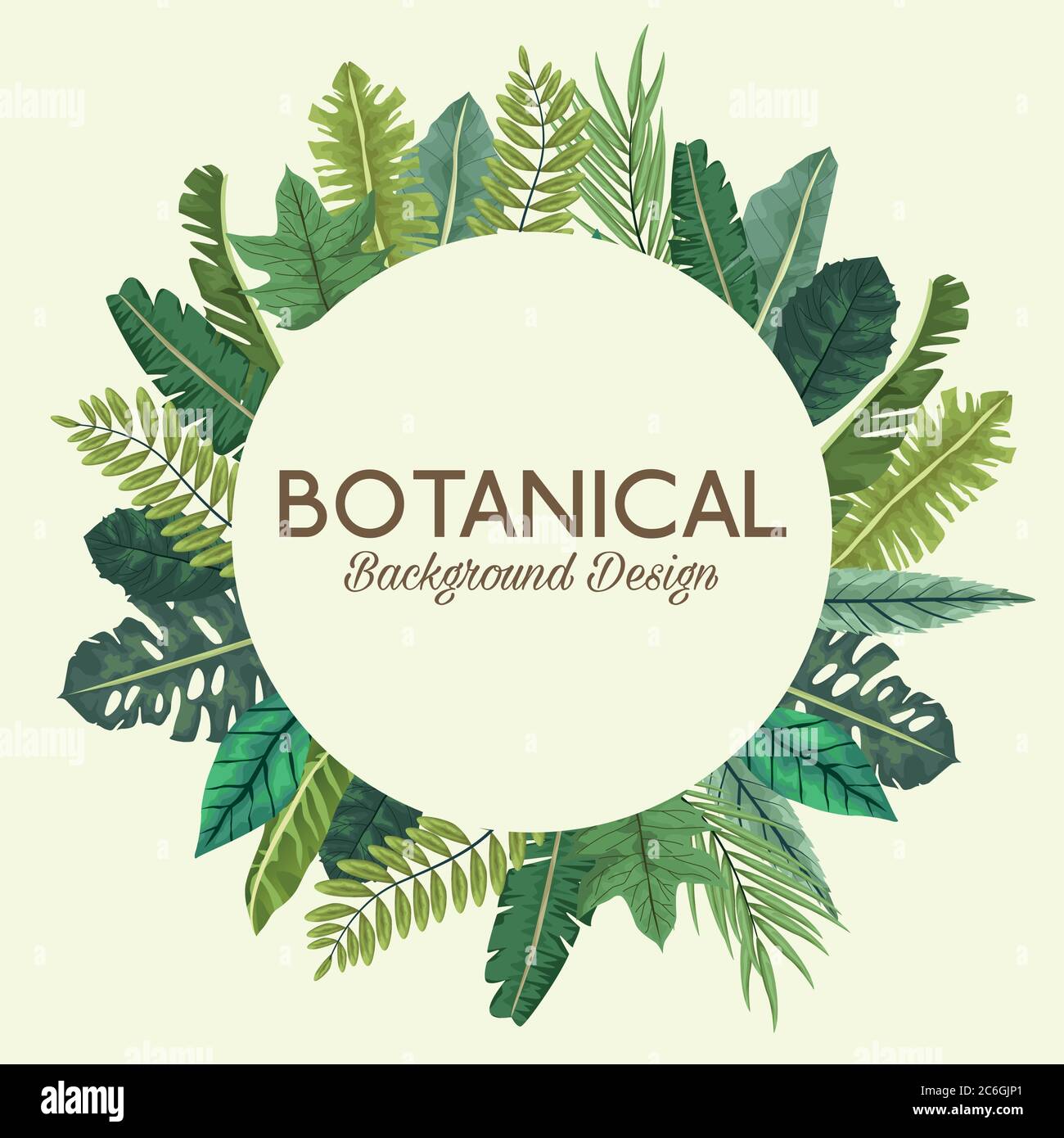 tropical leafs in circular frame and lettering botanical background ...