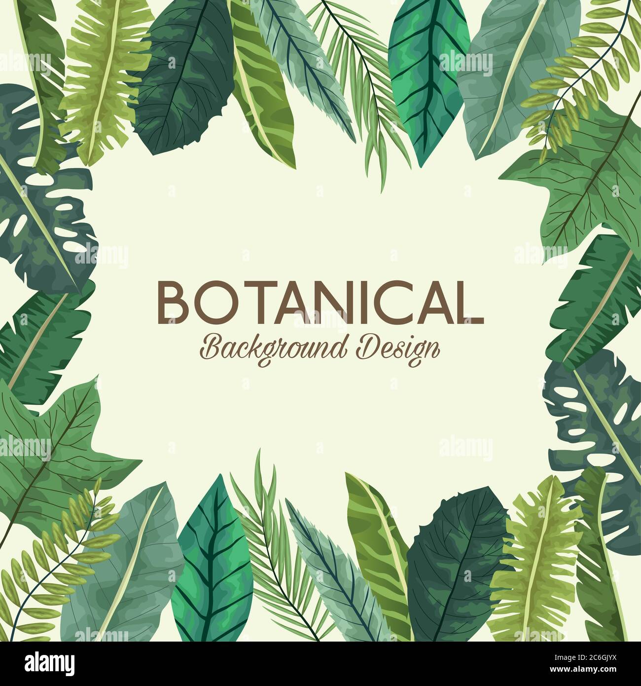 tropical leafs in square frame and lettering botanical background ...