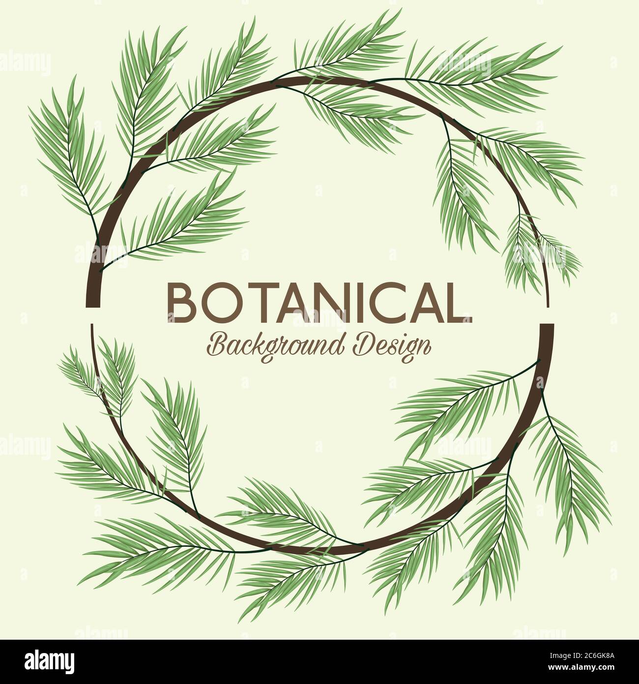 tropical leafs in circular frame and lettering botanical background ...