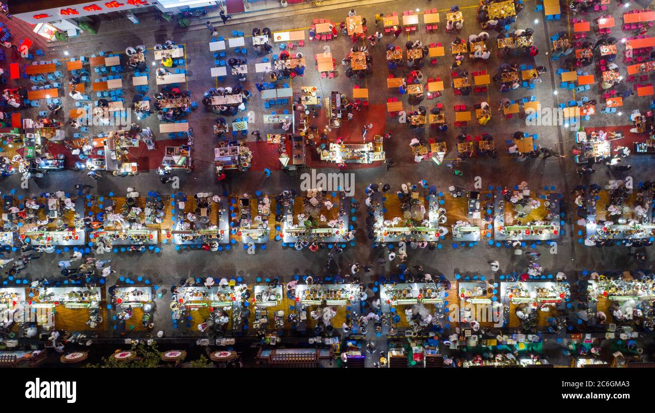 Bird view of Huitong Noodle Night Market, one of the biggest night markts featuring noodles in Xianyang city, northwest China's Shaanxi province, 13 M Stock Photo