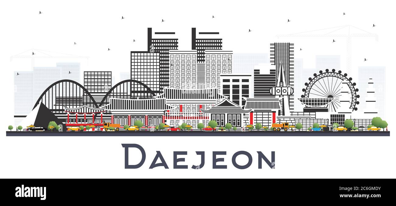 Daejeon South Korea City Skyline with Color Buildings Isolated on White. Vector Illustration. Business Travel and Tourism Concept. Stock Vector