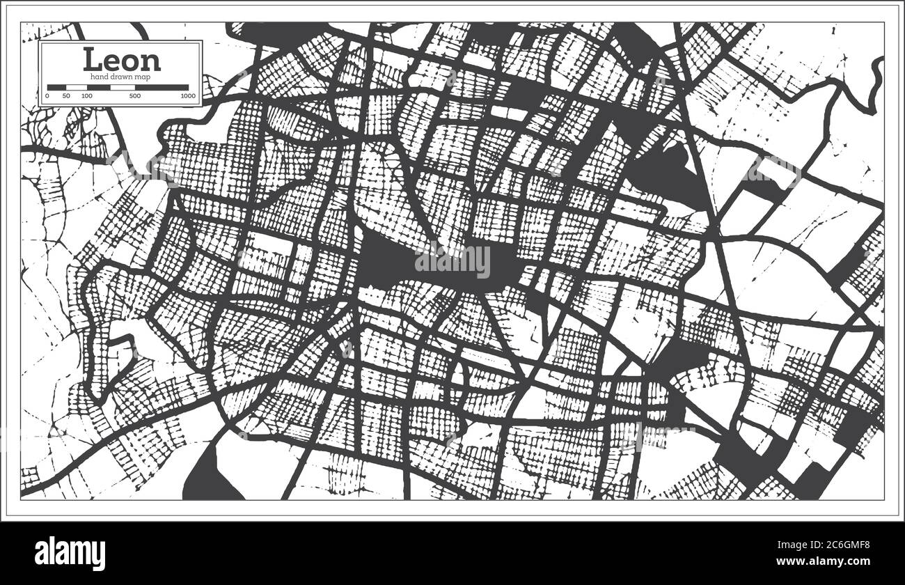 Leon Mexico City Map in Black and White Color in Retro Style. Outline Map. Vector Illustration. Stock Vector