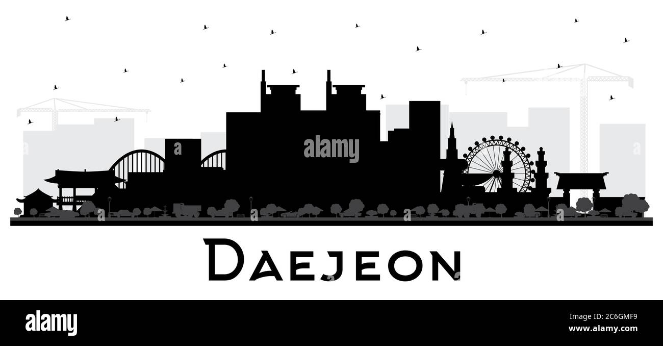 Daejeon South Korea City Skyline Silhouette with Black Buildings Isolated on White. Vector Illustration. Business Travel and Tourism Concept. Stock Vector