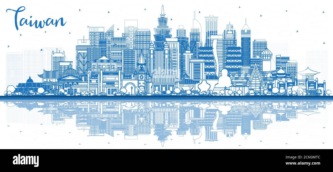 Outline Taiwan City Skyline with Blue Buildings and Reflections. Vector Illustration. Tourism Concept with Historic Architecture. Taiwan Cityscape. Stock Vector