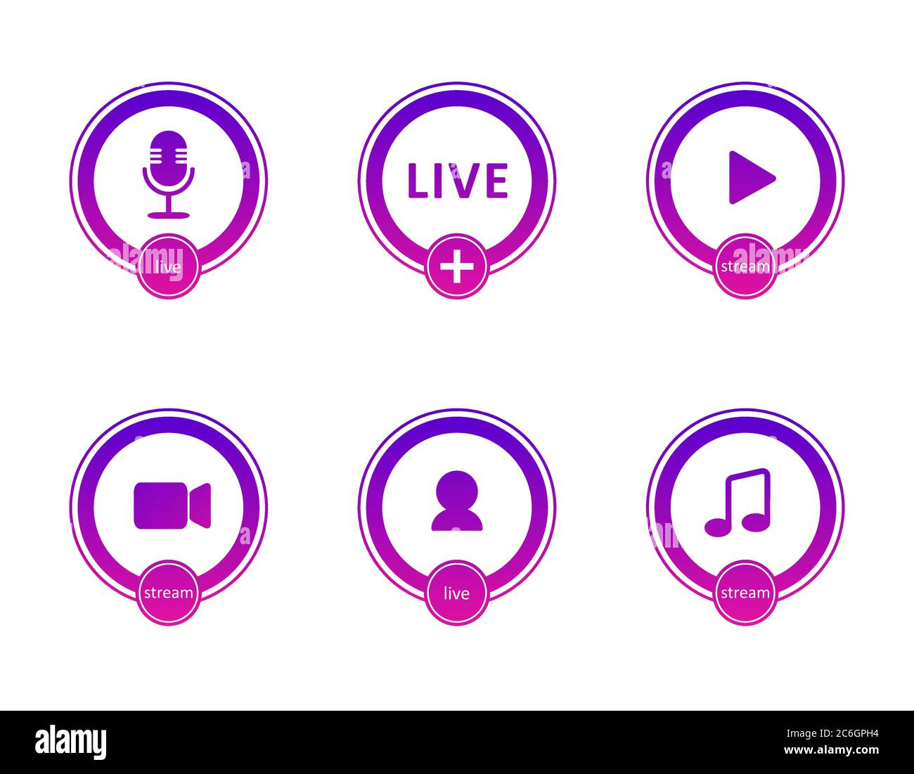 Set of live streaming icons. Gradient symbols and buttons of live streaming, broadcasting, online webinar. Label for tv, shows, movies and live Stock Vector