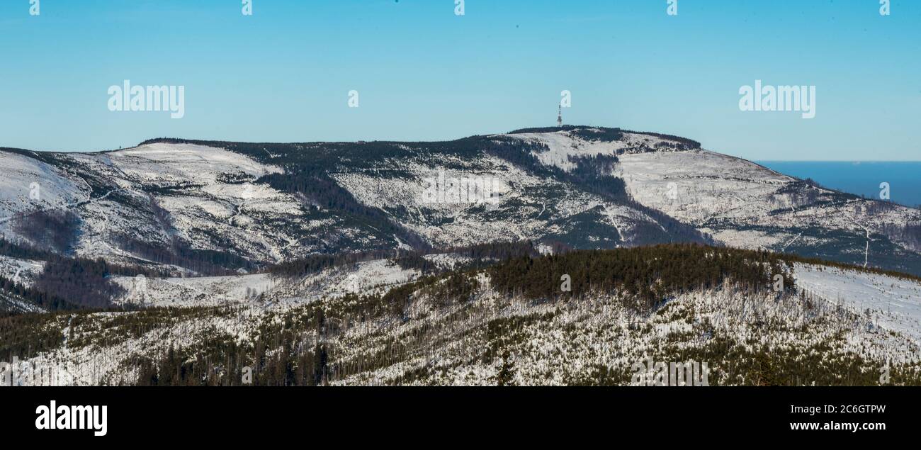 Skrzyczne hill from Barania Gora hill in winter Beskid Slaski mountains in Poland Stock Photo