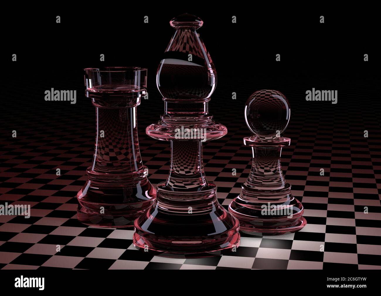 3D illustration. Chess pieces pawn, Rook, elephant of glass on the Board in a small cage. With red, Burgundy backlight. On a black background. The concept of board games, logic, training for the brain. Stock Photo