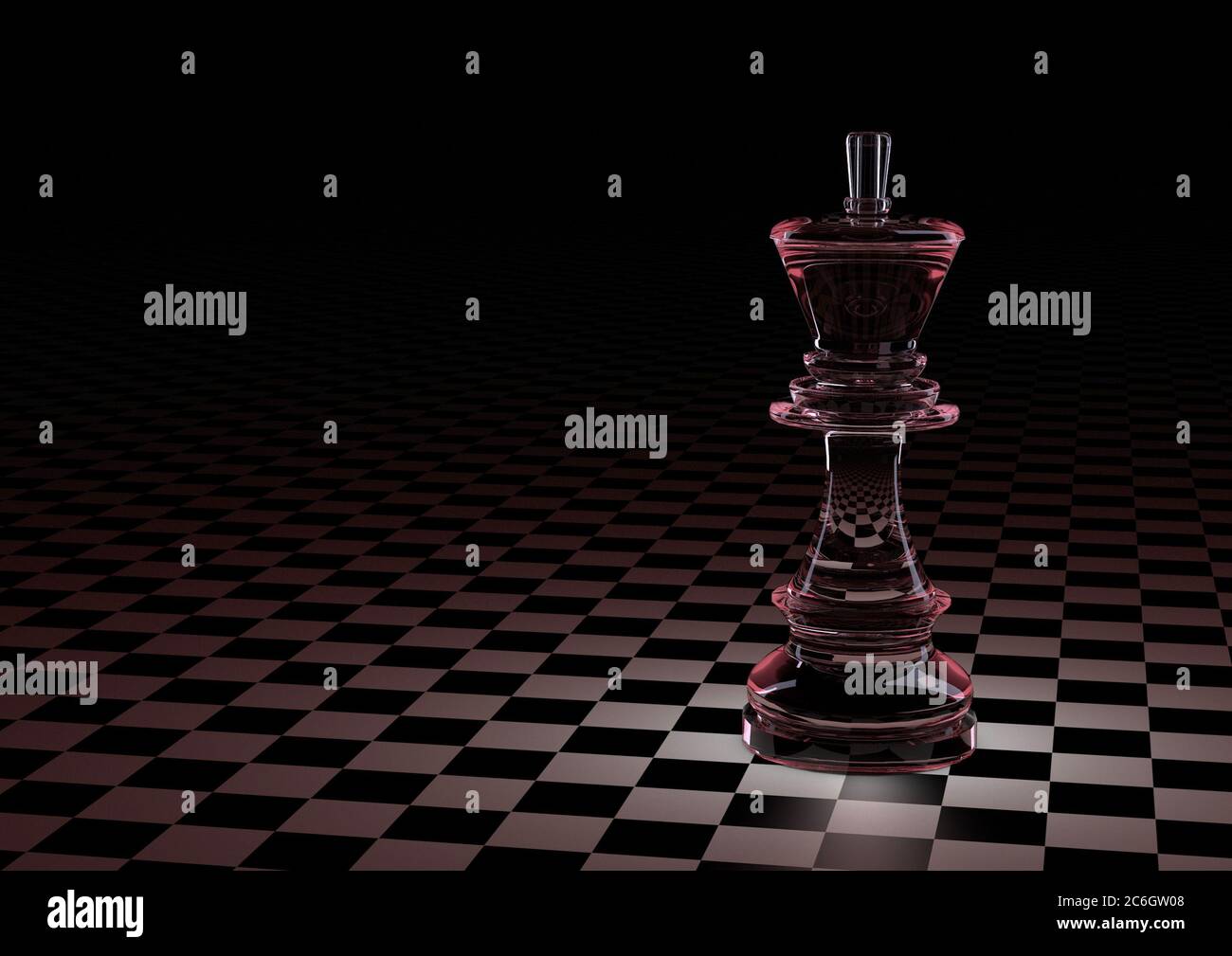 3D illustration. Chess piece king of glass on the Board in a small cage.  With red, Burgundy backlight. On a black background. The concept of board  games, logic, training for the brain