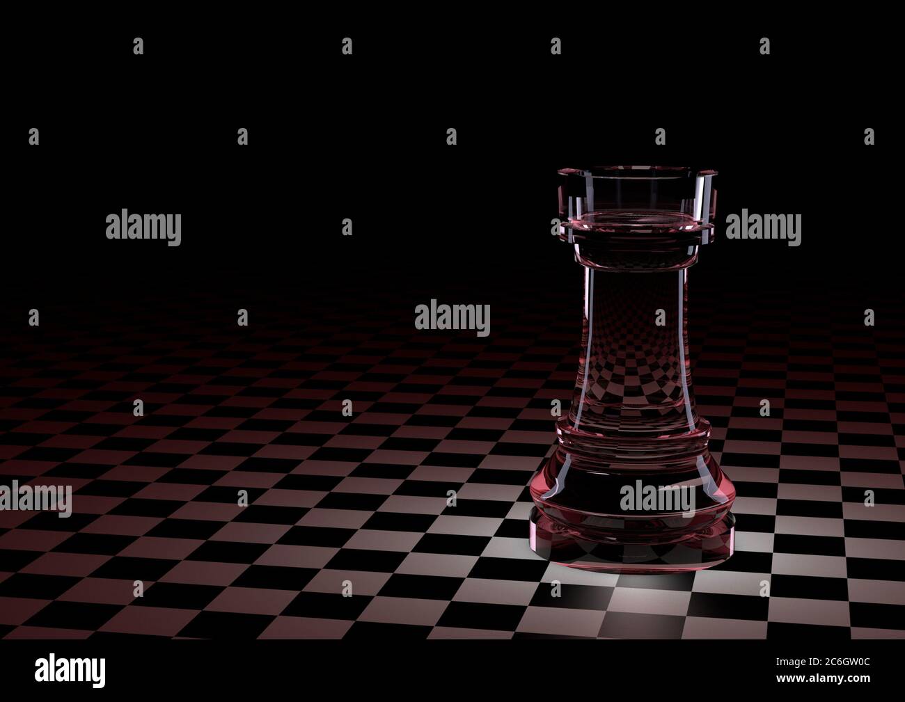 3D illustration. Chess piece Rook of glass on the Board in a small cage. With red, Burgundy backlight. On a black background. The concept of board games, logic, training for the brain. Stock Photo