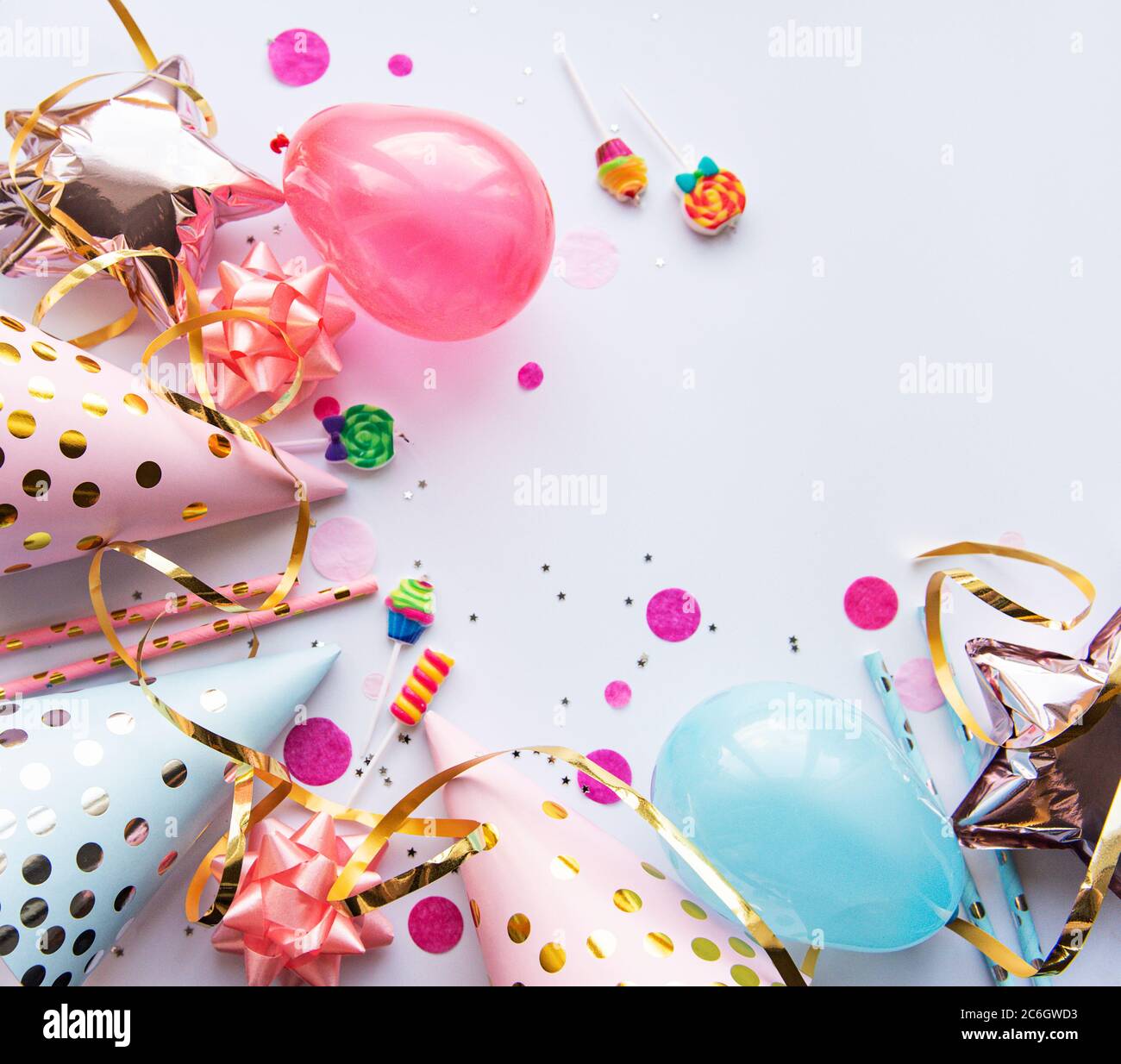 Happy birthday or party background. Flat Lay wtih birthday balloons ,  confetti and ribbons on white background. Top View. Copy space Stock Photo  - Alamy