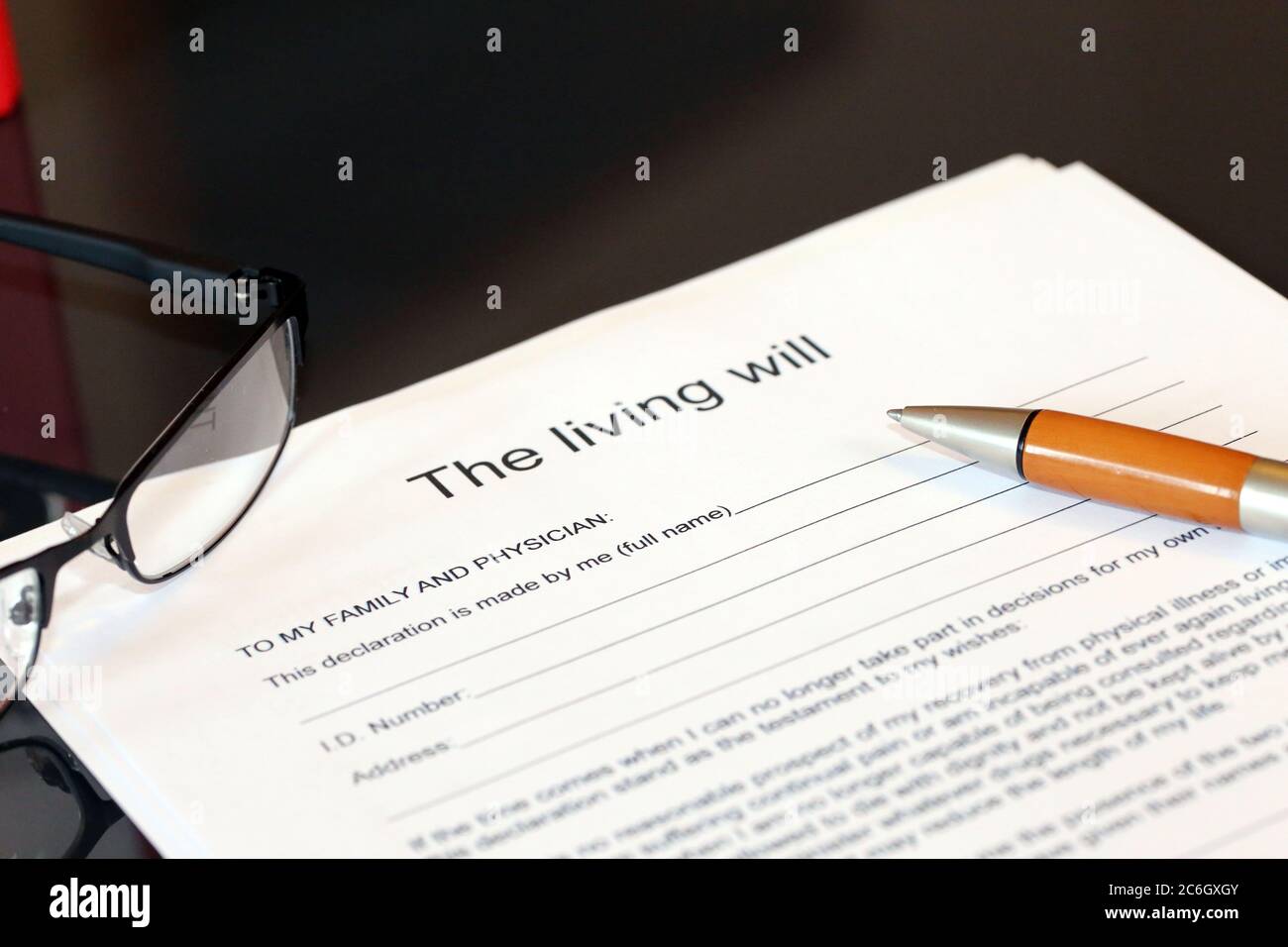 Symbol image: Blank form of the living will on a desk Stock Photo