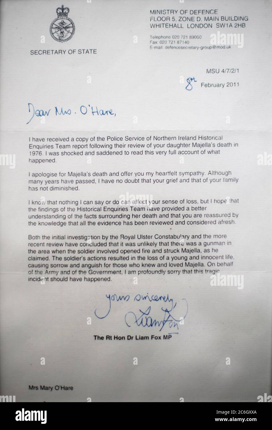 A letter to Mary O'Hare, the mother of Majella O'Hare who was shot dead by the Army in Co Armagh 44 years ago, from the Ministry of Defence in 2011. Her brother Michael O'Hare has vowed to fight for justice for his sister who, at 12 years old, was shot in the back whilst walking to church in Whitecross, Co Armagh on August 14 1976, and has called for an independent investigation into her death. Stock Photo