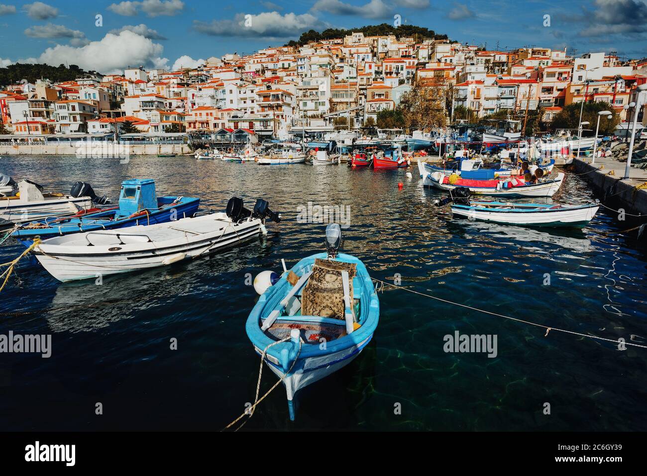 Scenic coastal village of Plomari (Plomarion) on beautiful island Lesvos (Lesbos) in Greece. Stock Photo