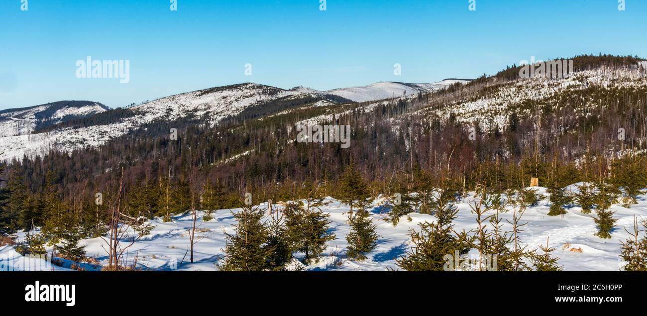 Beuatiful winter Beskid Slaski mountains from hiking trail bellow Magurka Wislanska hill in Poland with clear sky above Stock Photo