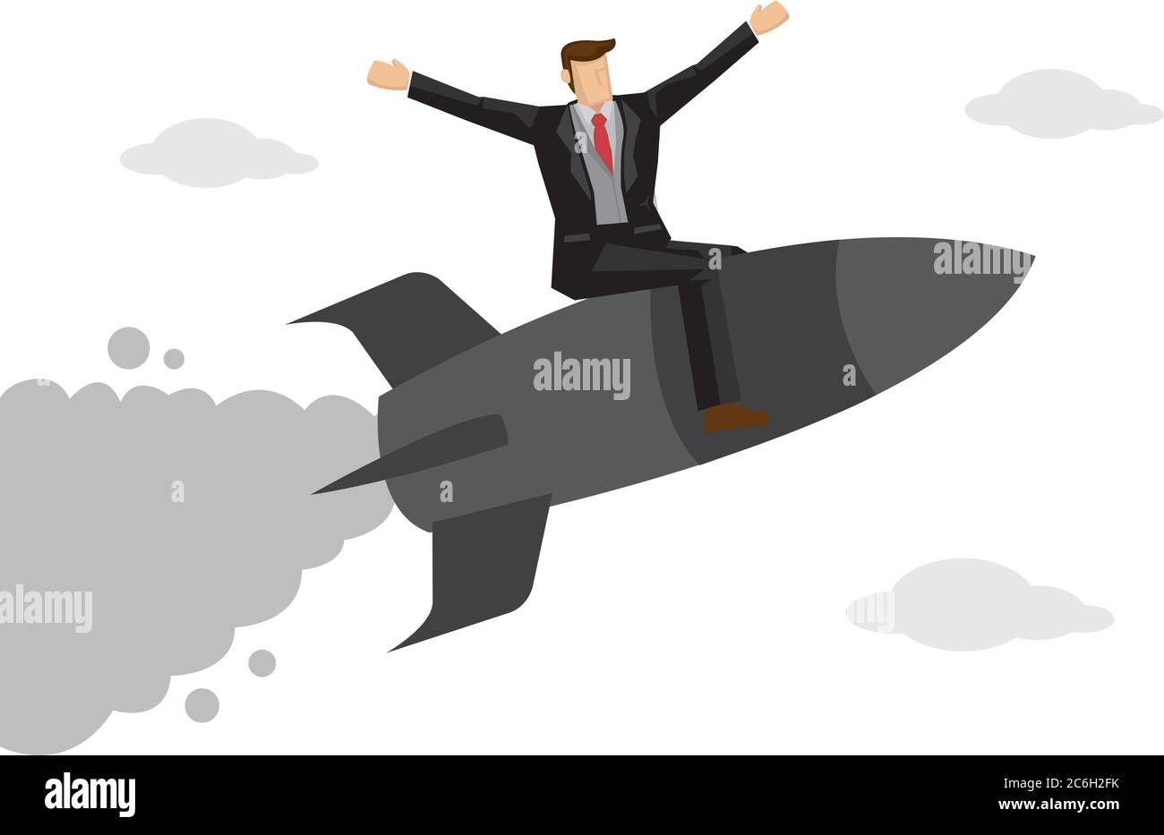 Businessman flying on top of a rocket on a sky background. Concept of ...