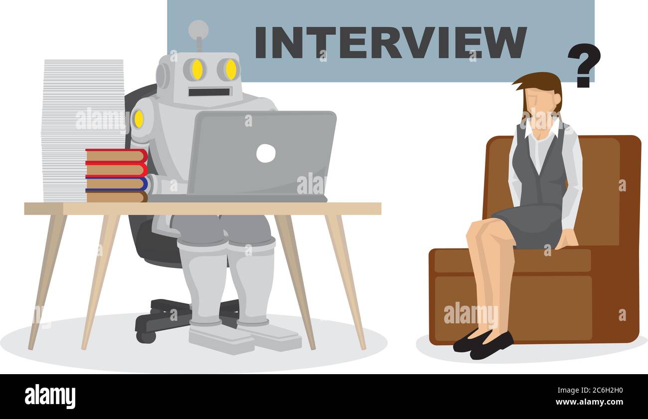 Robot interviewing an office worker. Depicts automation, future job market and artificial intelligence. Concept of Robot replacing jobs including recr Stock Vector