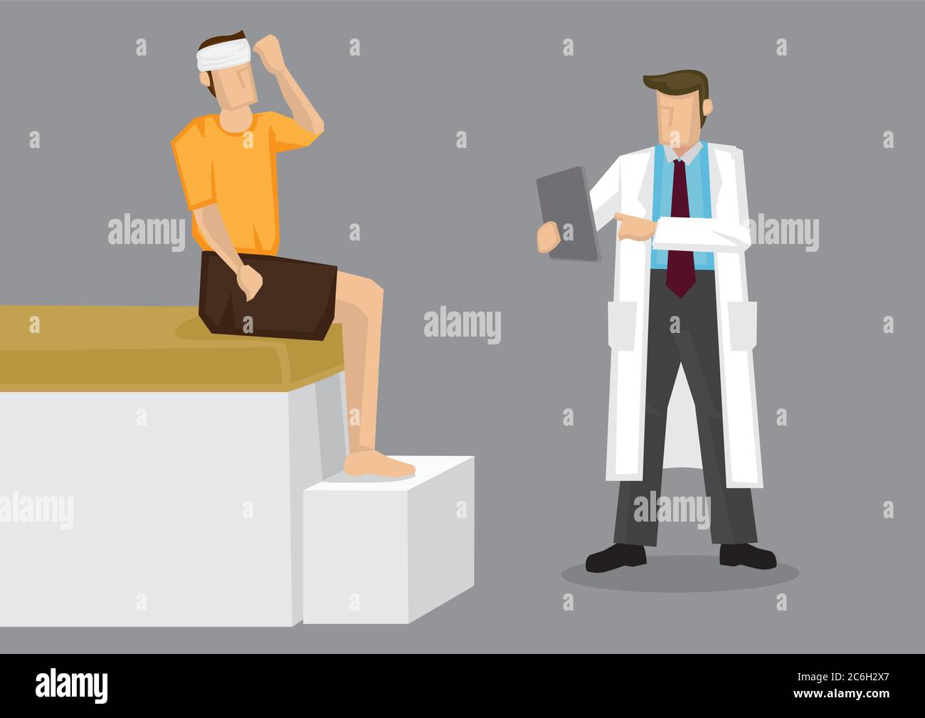 Cartoon man with head bandage and physician in white coat holding clip
