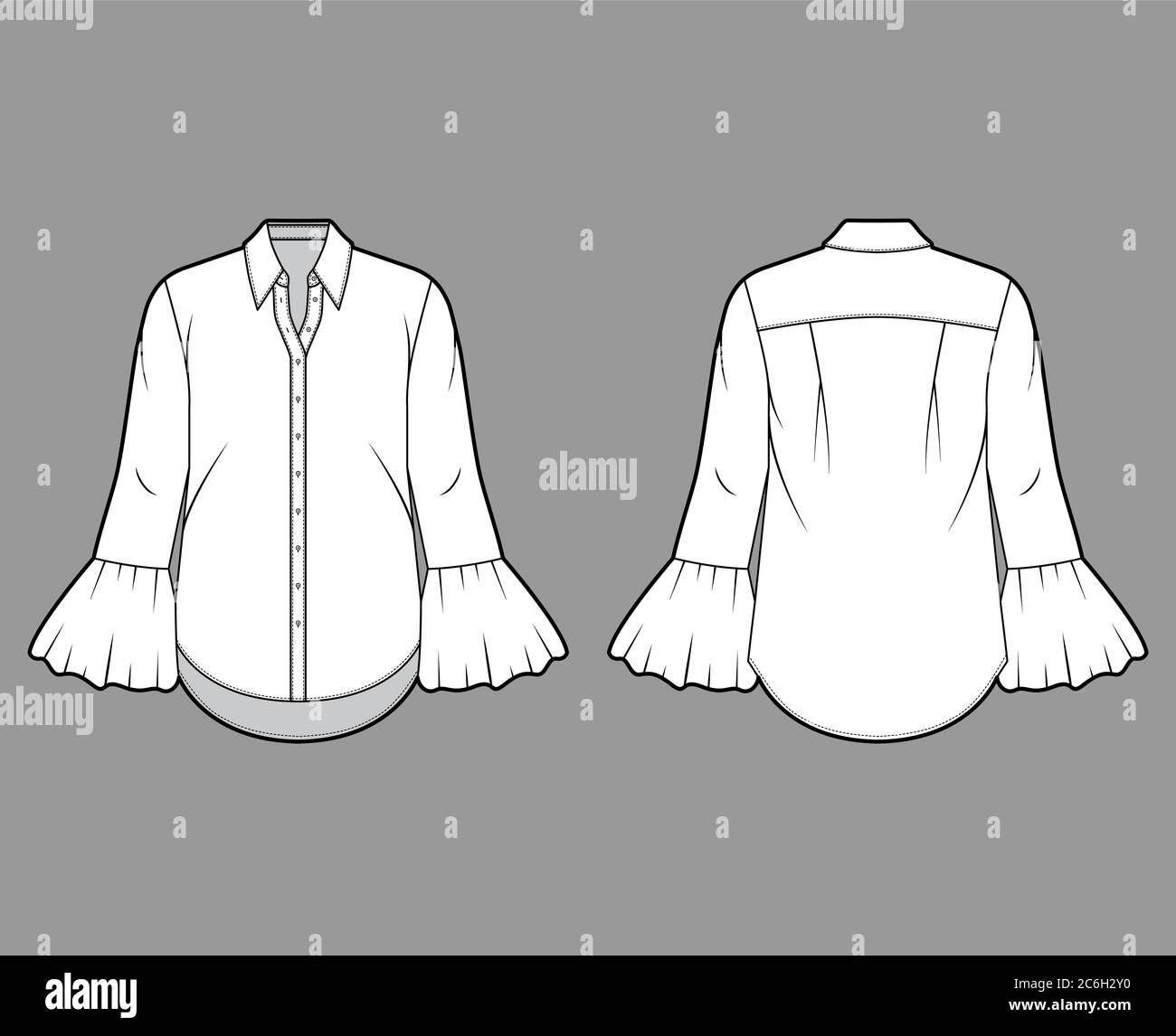 Shirt fitted technical fashion illustration with elbow fold long sleeve  slim fit darts buttondown regular collar Flat template front back  white color Women men top CAD mockup Stock Vector Image  Art 