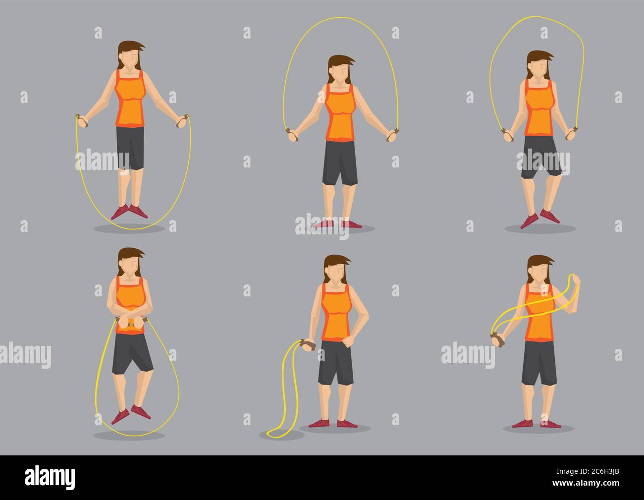 Set of six cartoon woman exercising with skipping rope. Vector character for health and fitness isolated on grey background. Stock Vector