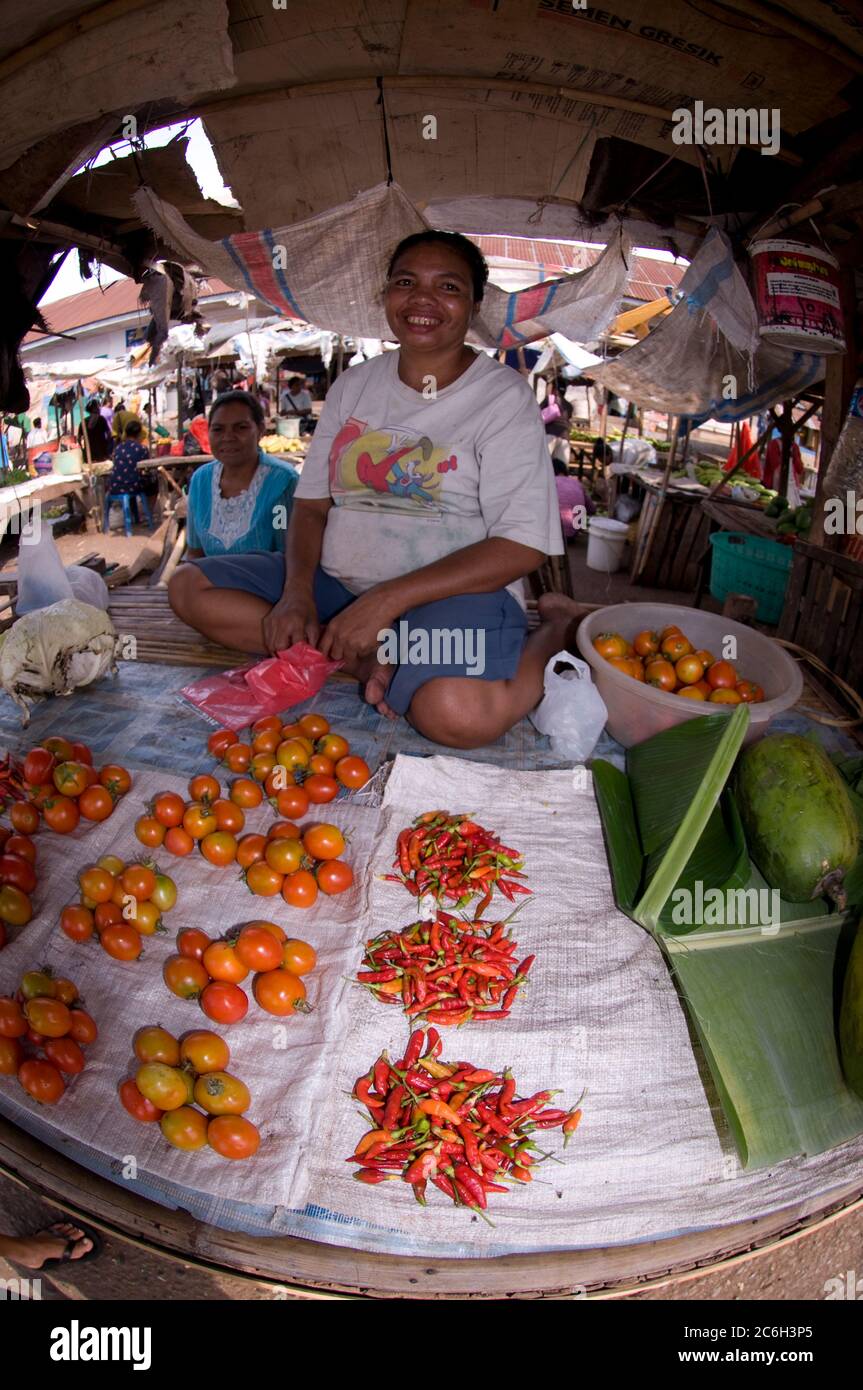 Woman selling tomatoes and chillis, Market, Kalabahi, Alor, Indonesia Stock Photo