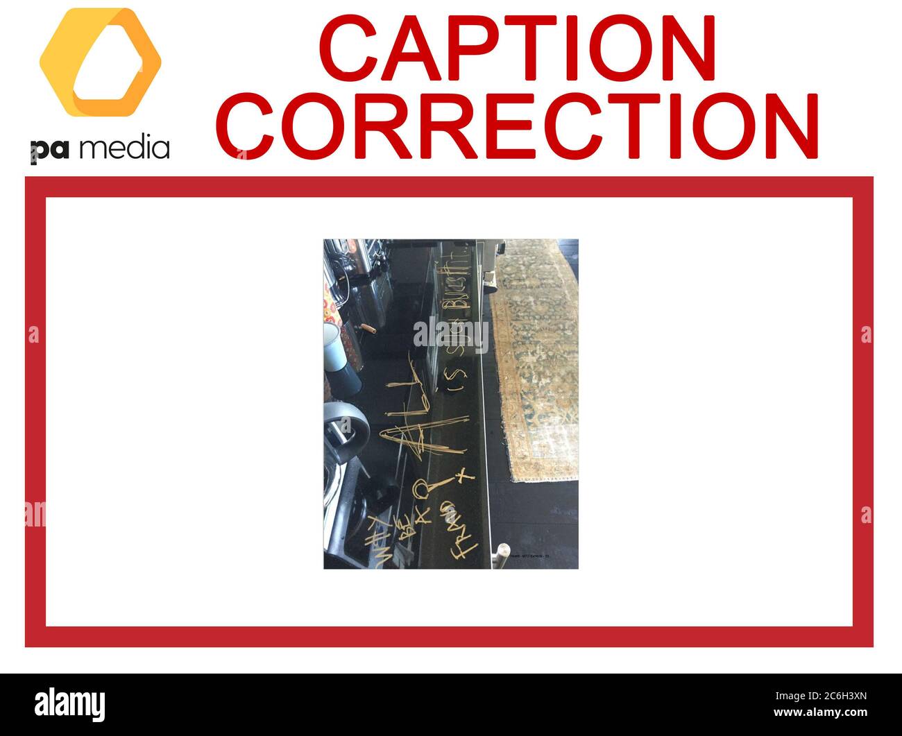 ATTENTION PICTURE EDITORS, CHIEF SUBS AND PICTURE LIBRARIANS: Caption correction for this image issued on the PA Image wire on Thursday slugged COURTS Depp 21150947. Date of incident has been amended to December 2015. CORRECT CAPTION BELOW. IMAGE WILL BE RETRANSMITTED. NOTE LANGUAGE Undated picture shown in court of writing on a table where Johnny Depp and Amber Heard were staying in December 2015, which has been referred to as an exhibit in the hearing of his libel case against the publishers of The Sun and its executive editor, Dan Wootton, at the High Court in London. Issue date: Thursday J Stock Photo