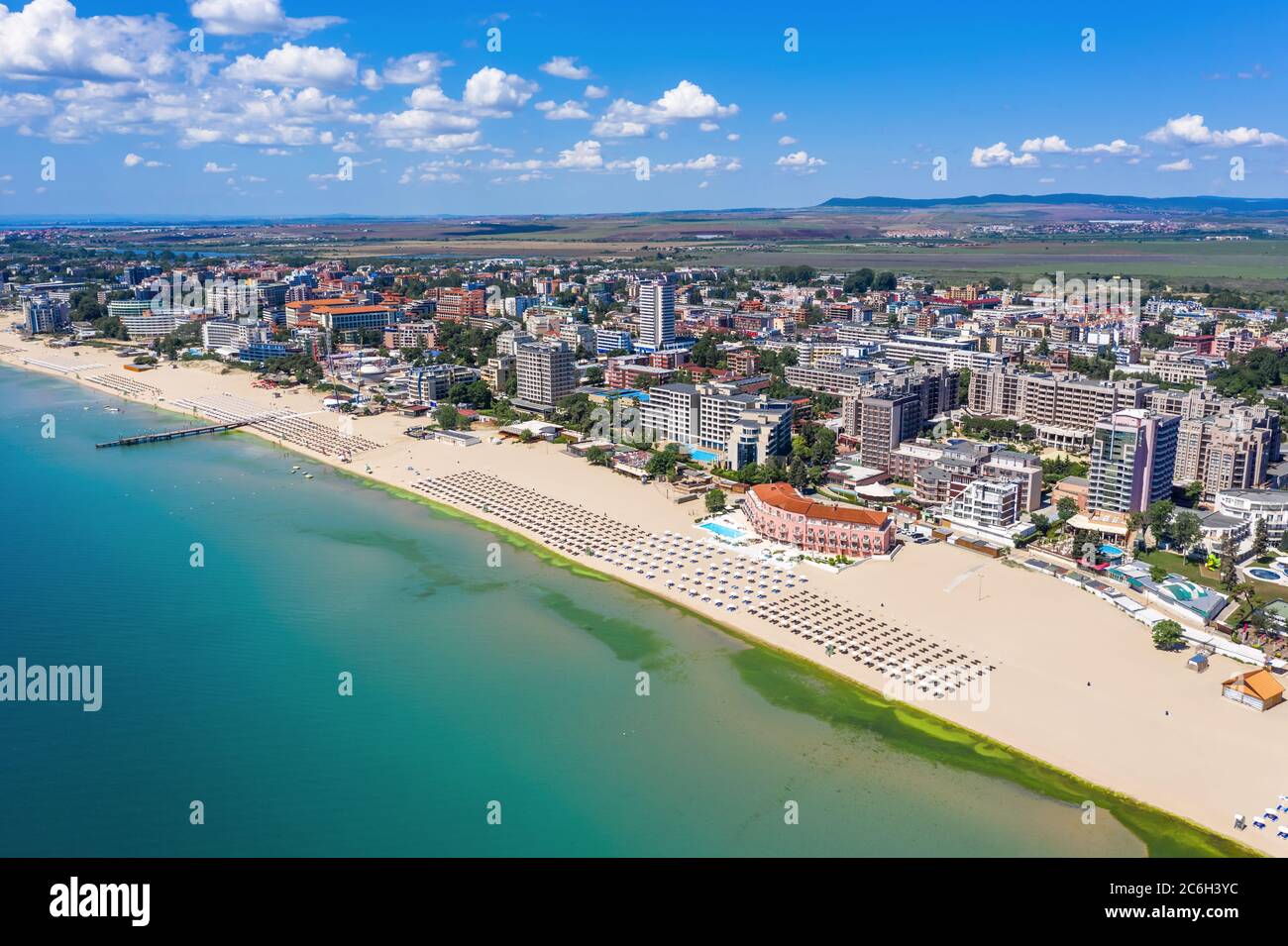 Aerial view of drone to the sea resort Sunny Beach on the Bulgarian Blak Sea coast Stock Photo