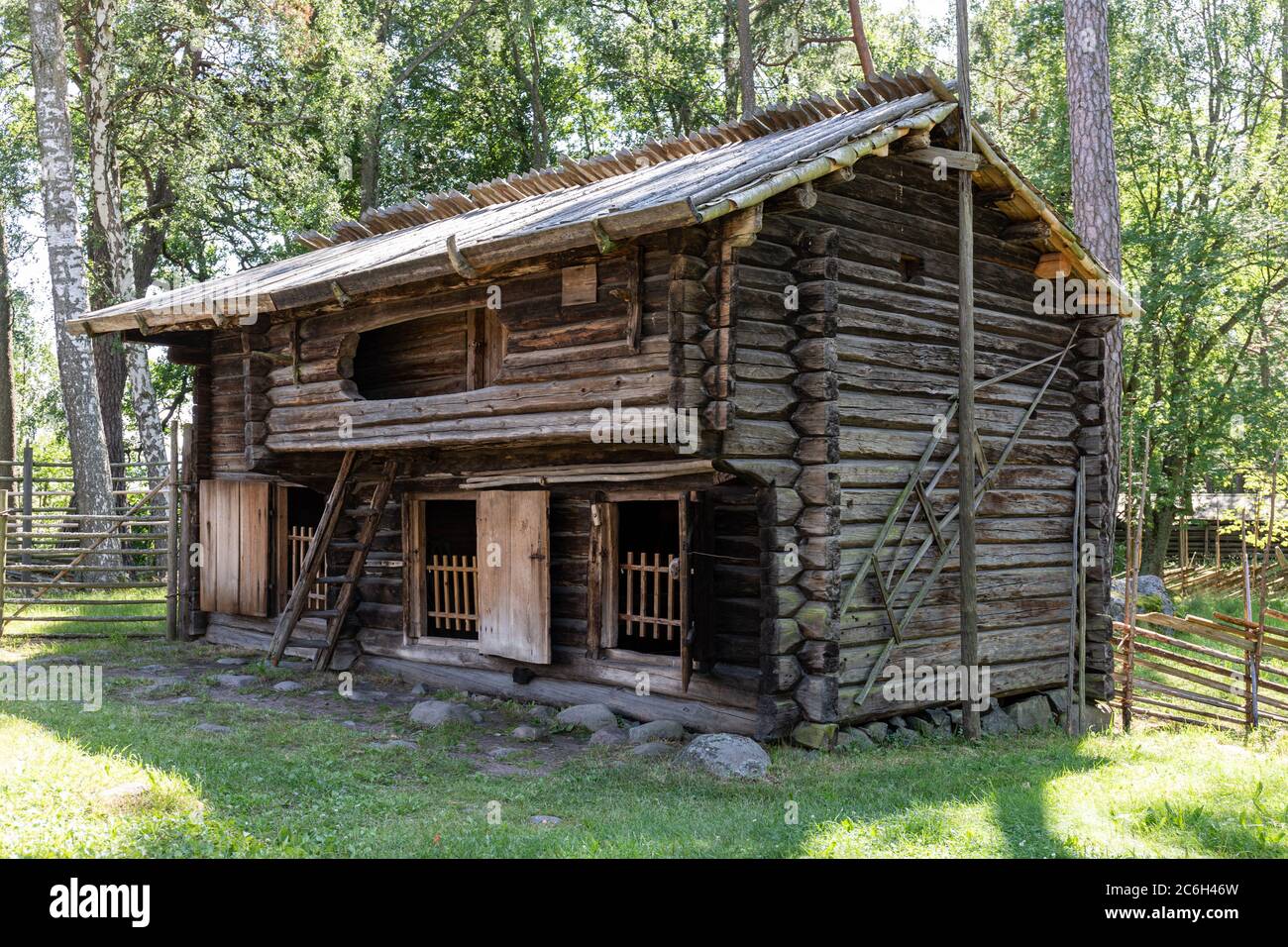 Old agricultural log storehouse of granary from Central Finland in Seurasaari Open-Air Museum in Helsinki, Finland Stock Photo