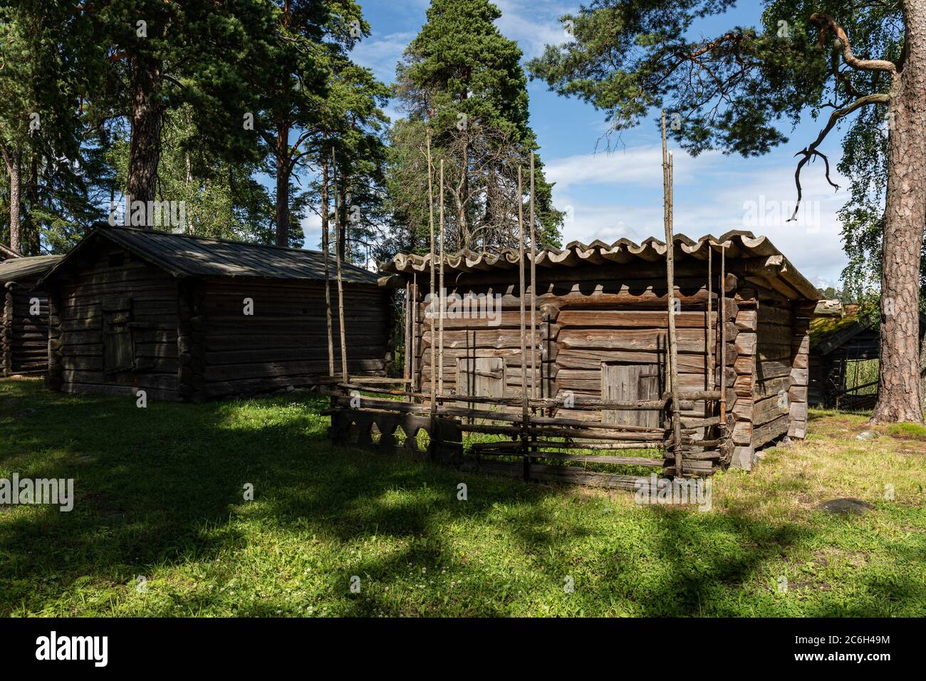 Old log animal shelter from Central Finland in Seurasaari Open-Air Museum in Helsinki, Finland Stock Photo