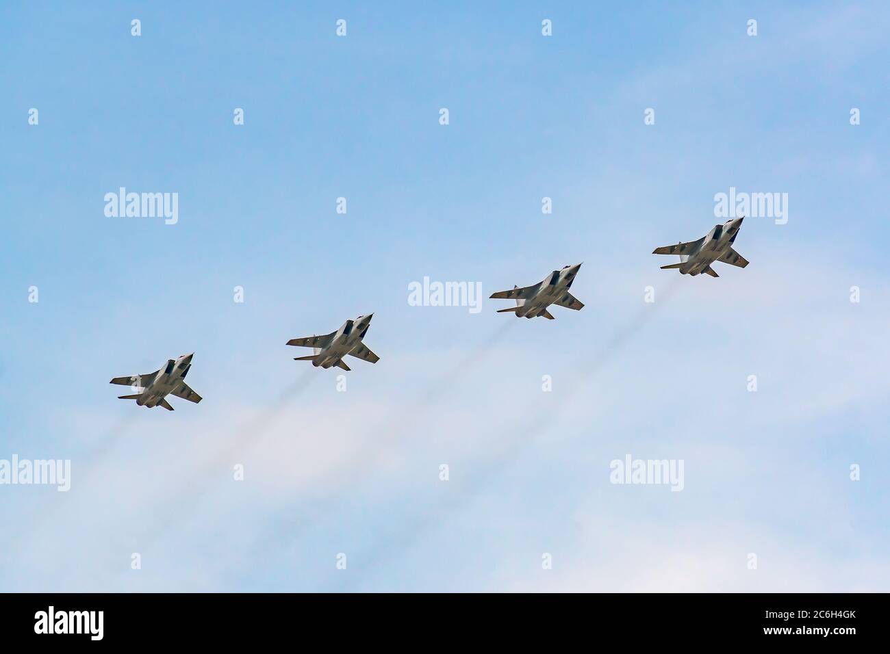 Moscow, Russia - May 04, 2018: Russian Air Force Mig-31 foxhound supersonic interceptor aircraft during Victory Day parade rehearsal Stock Photo