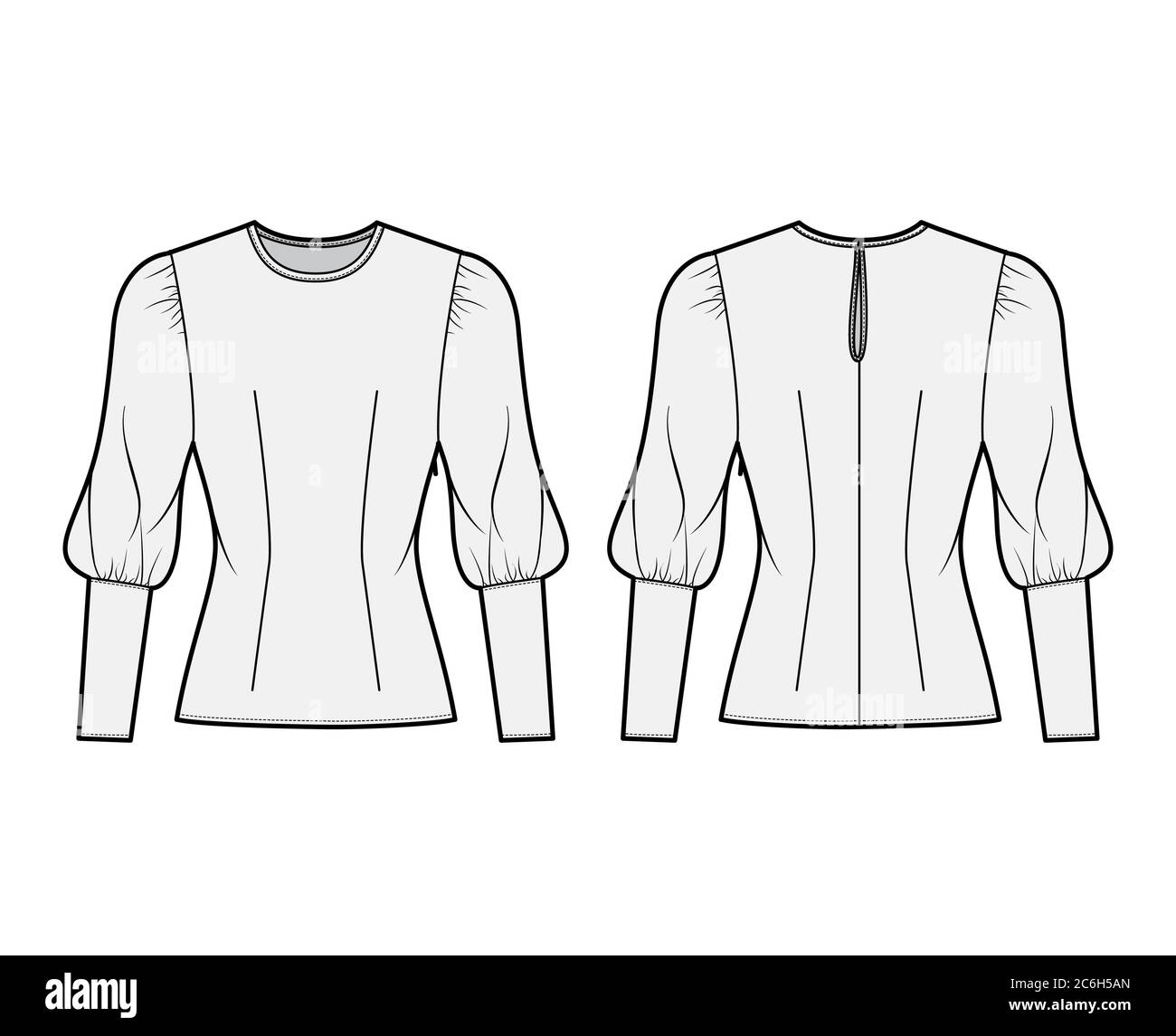 Blouse technical fashion illustration with round neckline, puffy mutton sleeves, fitted body. Flat apparel template front, back grey color. Women, men unisex CAD garment designer mockup Stock Vector