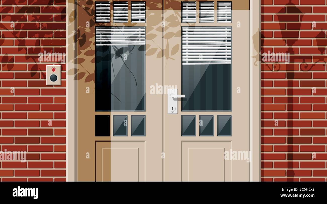 Wooden cottage door with windows and window blind on street. Closed door with chrome handle and bell button at front door. Concept of invitation to enter or new opportunity. Flat vector illustration Stock Vector