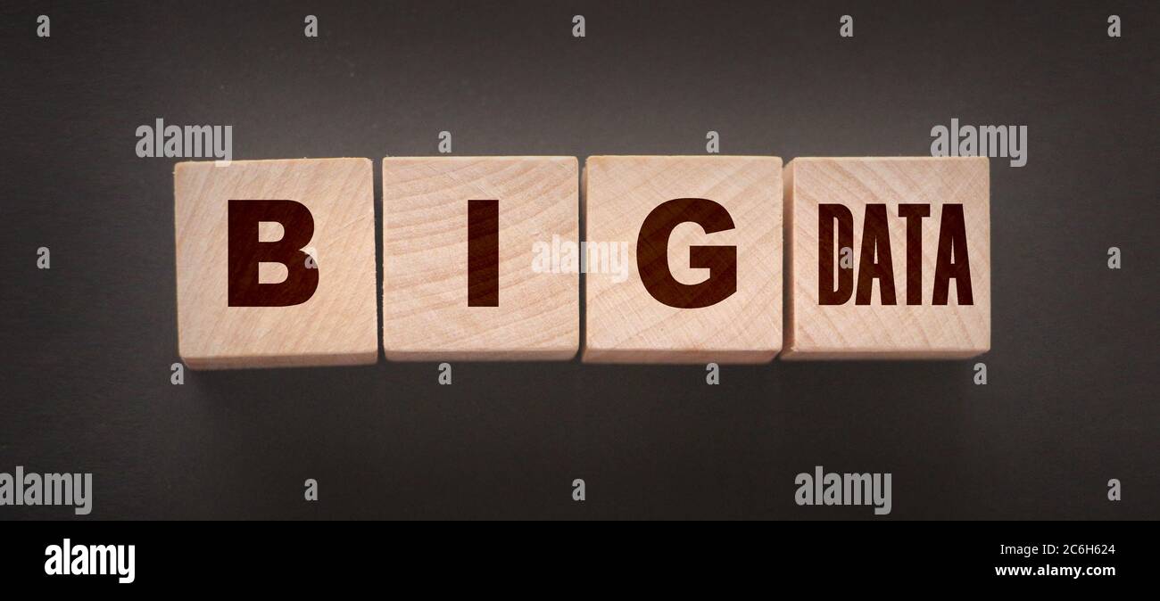 Big Data, words on wooden cubes on black. Database 5G technology concept Stock Photo