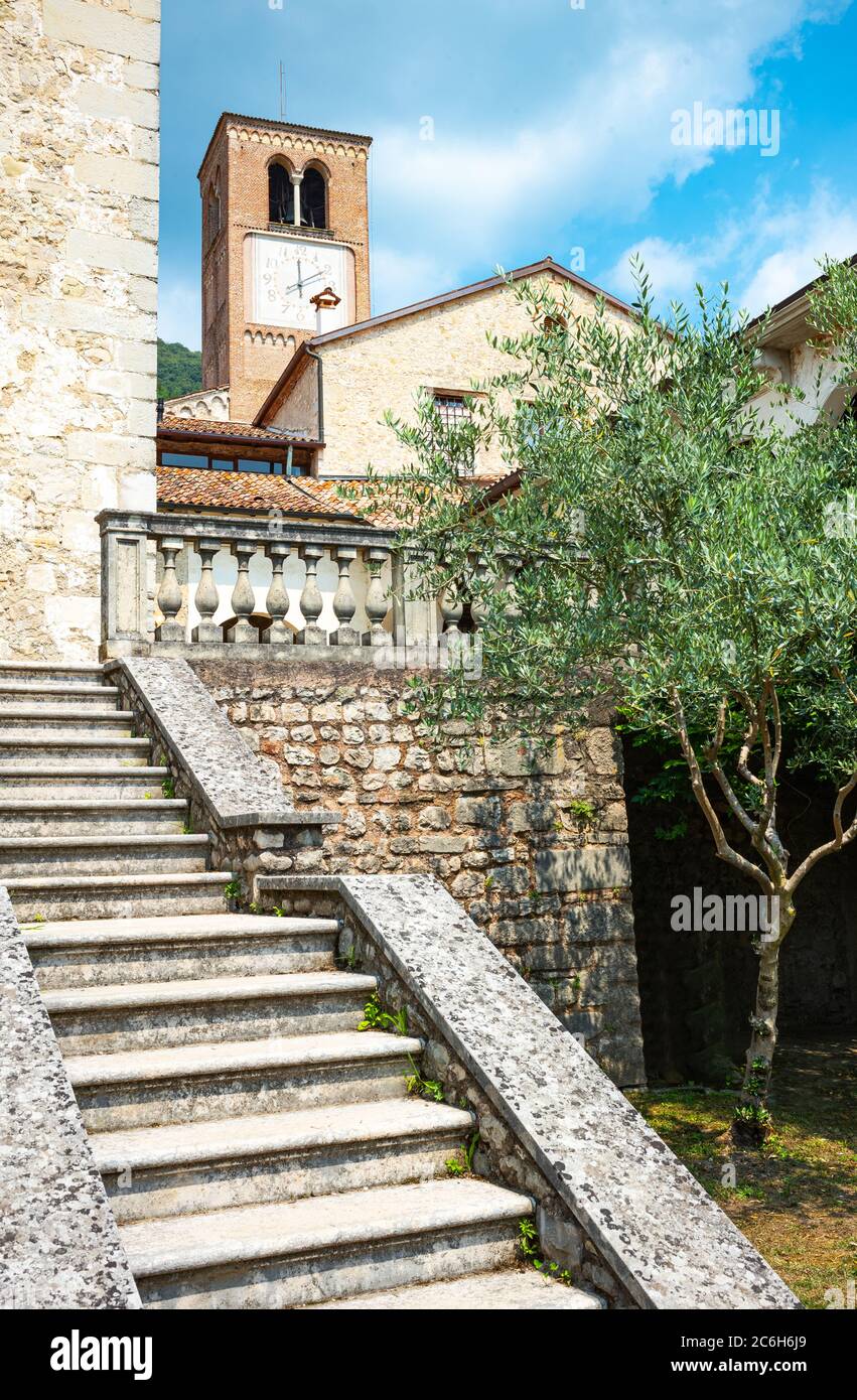 Follina, Italy, the Cistercian Abbey of Santa Maria seen from the garden Stock Photo
