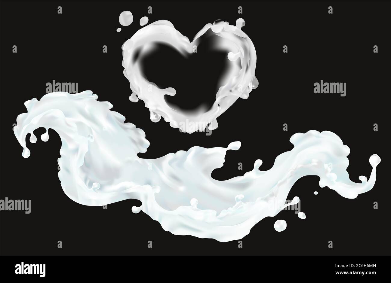 Milk splash realistic 3D, heart love. Clipart for design food packaging